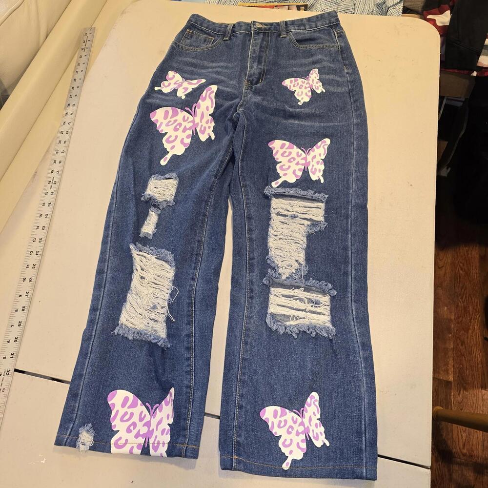 Ripped Jeans With Butterflies High Waist Small Shein